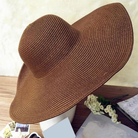 Ladies Fashion Hawaii Summer Beach Floppy Black Straw Hat Solid Color Women Wide Brim Travel Sun Casual Cap For Outdoor ► Photo 1/1