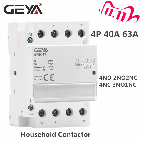 GEYA Din Rail AC Contactor 4P 40A 63A 4NO 4NC 2NO2NC 3NO1NC House Use or For Charging Pile Contactor Good Quality ► Photo 1/6