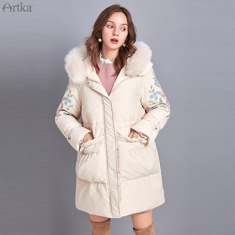 ARTKA 2022 Winter New Women Flower Embroidery 90% White Duck Down Coat Fox Fur Collar Hooded Thick Warm Long Down Coats ZK10790D ► Photo 1/6