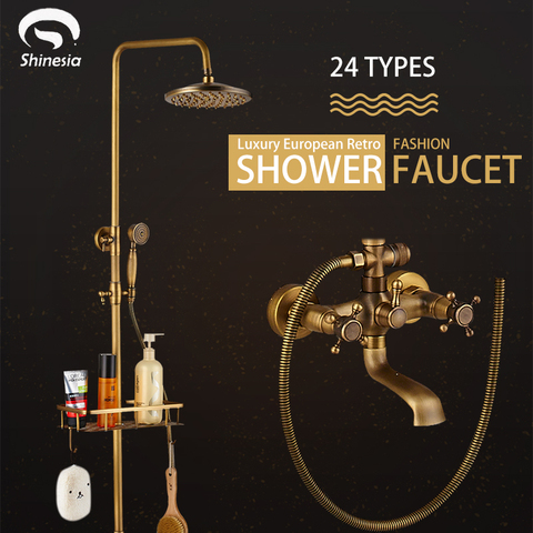 Antique Brass Bathroom Shower Set Faucet With Commodity Shelf And Hangers Mixer Tap 8