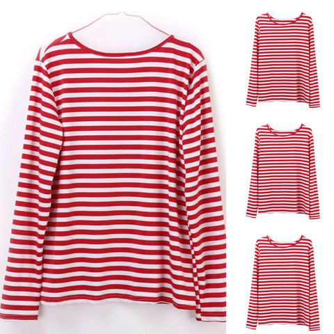 Women girls Red Striped Casual Autumn T-shirt  fashion Loose Long Sleeve Summer Tops ► Photo 1/5