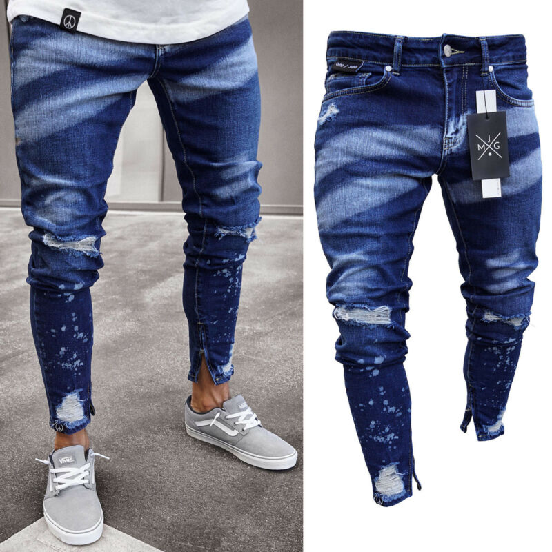 Men's Ripped Skinny Biker Jeans Distressed Frayed Slim Fit Denim Pants Trousers 
