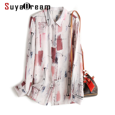 SuyaDream Silk Blouses Woman 100% REAL SILK CREPE Printed Long Sleeve Green Office Chic Blouse Shirt 2022 Elegant Shirt ► Photo 1/5