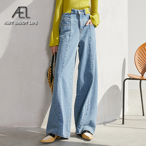 AEL Wide-Leg Jeans Woman Irregular High Waist Casual Denim Long Pants for women Washed Cotton Light Blue Fashion Streetwear ► Photo 1/6