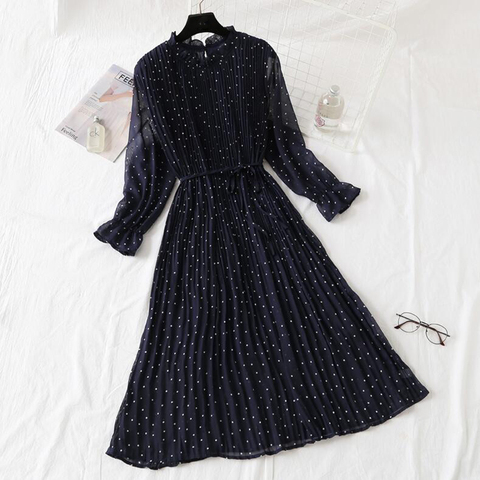 Polka Dot Print Women Chiffon Pleated Dress Sweet Flare Sleeve Party Dresses Casual Loose Lady Office Midi Dress Vestidos Mujer ► Photo 1/6