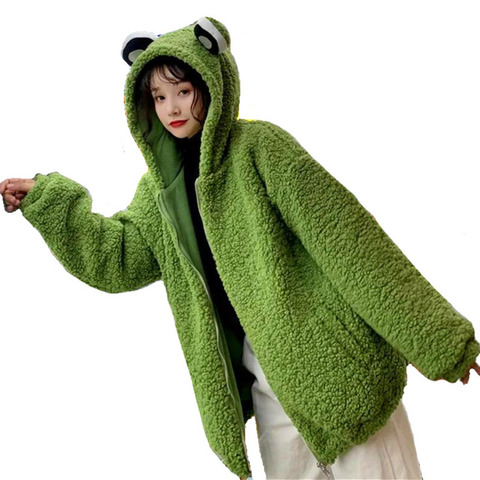 2022 Autumn Winter Frog Eyes Hooded Sweatshirt Zip-up Plush Fleece Oversized Hoodies Women Thicken Keep Warm Kawaii Outwear Top ► Photo 1/6
