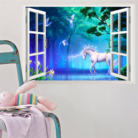 Cartoon Unicorn Forest 3d window Height Measure Wall Stickers Decal For Kids Room 3d Vivid Children Growth Chart Poster Mural ► Photo 1/5