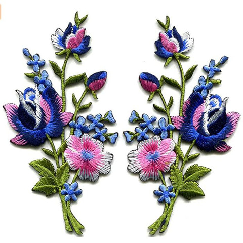 1 Pair Pink blue Roses Pair Flowers Floral Bouquet Boho Embroidered Appliques Iron-on Patches New ► Photo 1/2