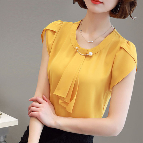 Summer Blouse Women Chiffon Shirt Office Work Slim Tops Short Sleeve Shirts Korean Bow Neck Ruffle Yellow Red Blouses Blusas ► Photo 1/6