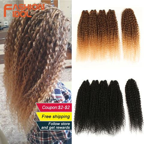 FASHION IDOL Afro Kinky Curly Hair Bundles 5pcs/pack 24 inch Ombre Blonde Nature Black Color Synthetic Hair Weave Bundles Fiber ► Photo 1/6