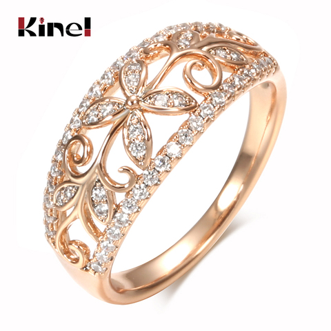 Kinel Natural Zircon Crystal Flower Rings for Women 585 Rose Gold Fine Hollow Ethnic Wedding Ring Vintage Jewelry ► Photo 1/6