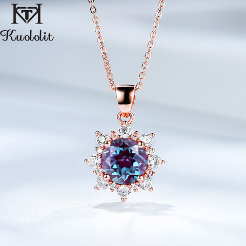 Kuololit 585 rose gold 2CT Natural Alexandrite Gemstone Pendant For Women Solid 925 Sterling Silver lab grown gemstone Necklace ► Photo 1/6