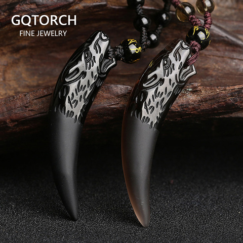 Natural Stone Black And Ice Obsidian Pendant Necklace Wolf Tooth Amulets And Talismans Couple Necklace For Women And Men ► Photo 1/6