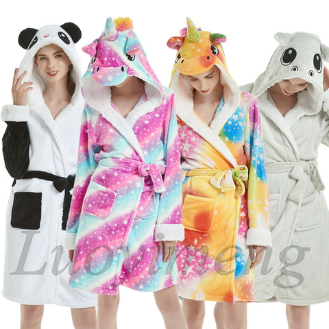 Adults Animal Flannel Bath Robe Sleepwear Women Men Bathrobe Nightgown Thick Warm Robe Winter Unisex Panda Unicorn Plush Pajamas ► Photo 1/6
