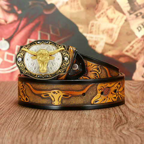 Western cowboy men's leather dai personality embossed belt youth fashion trend domineering bull head buckle ► Photo 1/5