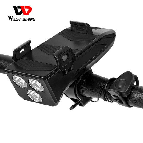 WEST BIKING 4 In 1 Bike Lamp Front Horn Light Phone Holder Alarm Bell Power Bank MTB Bike Accessories Cycling LED Flashlight ► Photo 1/6