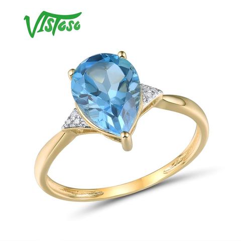 VISTOSO Pure14K 585 Yellow Gold Ring For Women Sparkling Diamond Limpid Blue Topaz Anniversary Classic Fine Jewelry ► Photo 1/6