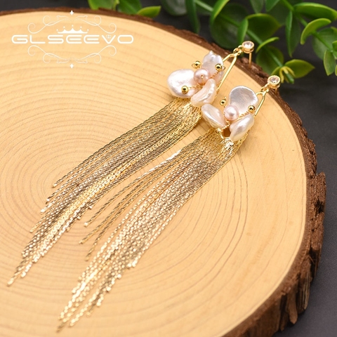 GLSEEVO Natural Fresh Water Flower Long Tassel Charm Drop Earrings For Women Engagement Handmade Fine Luxury Jewellery GE0893 ► Photo 1/3