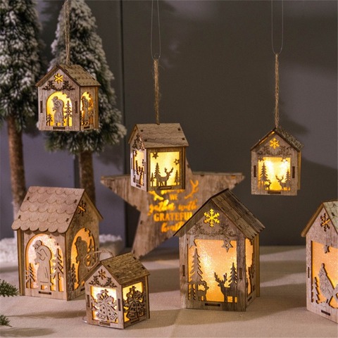 Christmas LED Light Wooden House Showcase Storage Shelf Christmas Tree Holiday Decoration Hanging Decor with Light Lamp ► Photo 1/6