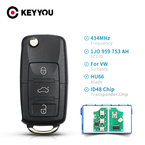 KEYYOU 3 Button Car Remote Key Fob For VW PASSAT Polo Skoda Seat Polo/Golf/Beetle 1J0959753 DA/AH 1K0959753G 434Mhz ID48 ► Photo 1/6