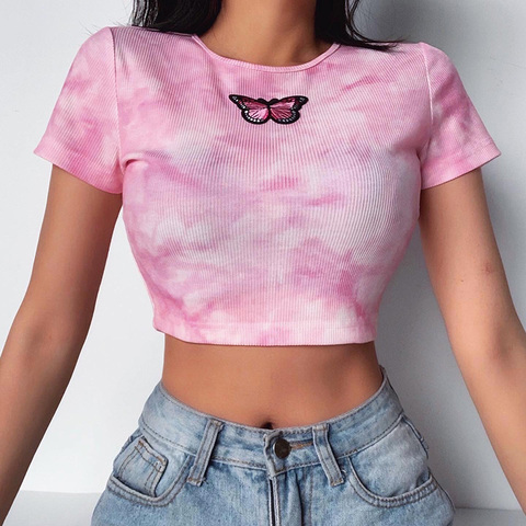 Women Sexy Tie-dyed Crop Top Button Vest Short Sleeve Round Neck Embroidery  Casual T-shirt Summer Slim Undershirt ► Photo 1/6