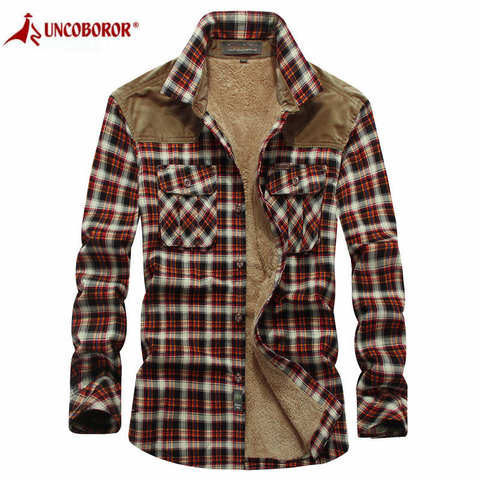 Winter Warm Shirts Men Military Plaid Thicken Fleece Wool Coat 100% Cotton High Quality Long Sleeve Flannel Shirts Chemise Homme ► Photo 1/6