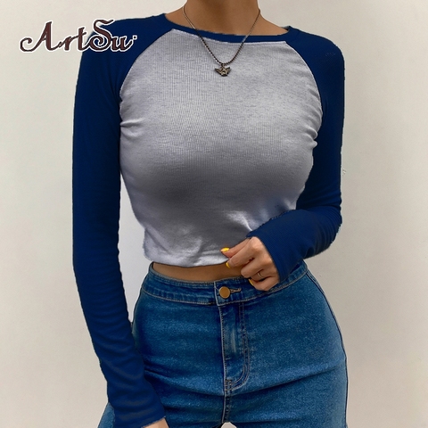 Artsu Contrast Color 100% Cotton T-Shirt Longs Sleeve Women Patchwork T-shirts Autumn Winter New 2022 Casual Crop Tops t shirt ► Photo 1/6