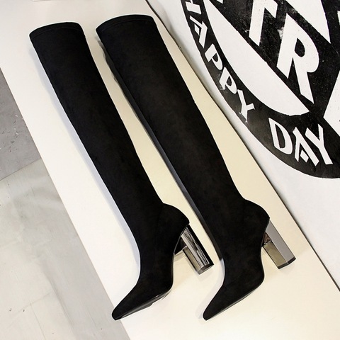 2022 Women over the knee Boots Slip on Autumn Winter Shoes Thick heeled Elastic Suede Thigh high boots High heels Warm Long boot ► Photo 1/6