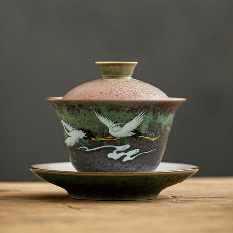 Anti-scald Large Ceramic Retro Tea Cover Bowl with Lid Sancai Gaiwan Single Tea Bowl Hand Painted Shining Crane Cover Bowl ► Photo 1/5
