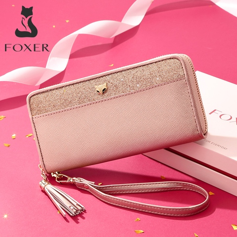 FOXER Women's Glitter Cowhide Leather Long Wallets with Wristle Luxury Female Purse Lady Clutch Cellphone bag fit Iphone 8 Plus ► Photo 1/6