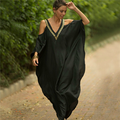 Elegant Black Kaftan Beach Tunic Cotton Beach Cover up Saida de Praia Swimsuit Women Bikini cover up Pareo Sarong Beachwear Q943 ► Photo 1/6