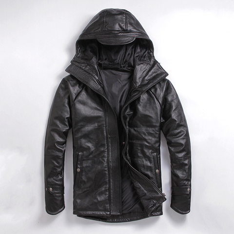 Leather Jackets New Winter Youth Men's Genuine Leather Jacketc Young Man Black Cowskin Leather Jacket Hooded Plus Size M 5XL ► Photo 1/5