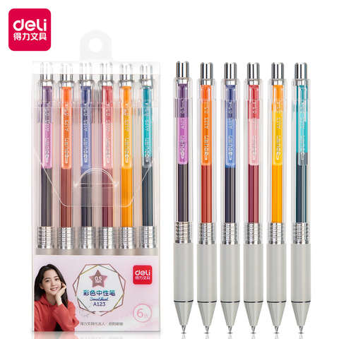 DELI A123 Colored Gel Pens Set 0.5mm 6 colors Student Writing Pen Retractable Cute Fashion School Office Stationery Gel Ink Pen ► Photo 1/5