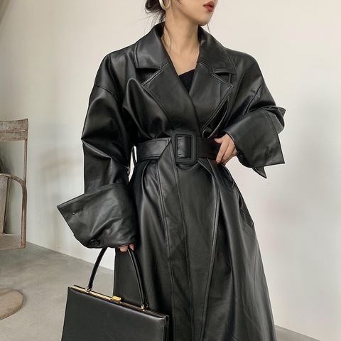 Lautaro Long oversized leather trench coat for women long sleeve lapel loose fit Fall black women plus size clothing streetwear ► Photo 1/6