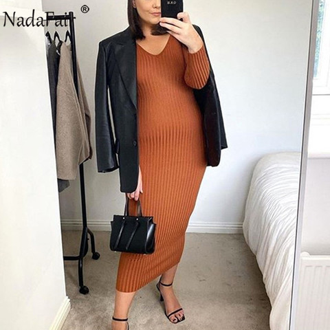 Nadafair V Neck Basic Sweater Dress Women Autumn Winter Long Sleeve Casual Knitted Stretchy Midi Bodycon White Woman Dress ► Photo 1/6