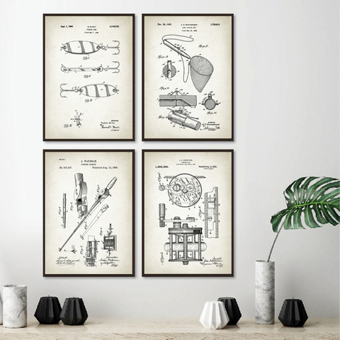 Vintage Fishing Lure Patent Chart Vintage Poster Rod Hooks Angling Wall Art Picture Fish Kinds Canvas Painting Prints Man Gifts ► Photo 1/6