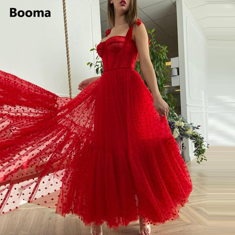 Booma Red Polka Dots Tulle Prom Dresses Spaghetti Straps Ribbons Tied Bow Tea-Length Prom Gowns Tiered A-Line Formal Party Gowns ► Photo 1/6