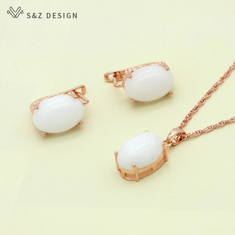 S&Z DESIGN Korean Fashion Oval Egg Shape Natural Stone Stud Earrings 585 Rose Gold Pendant Necklace Jewelry Sets Gifts for Women ► Photo 1/5