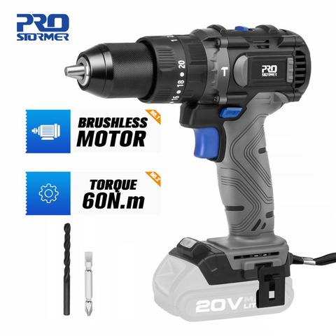 60NM Brushless Electric Hammer Drill Machine 20V Impact Cordless Screwdriver 13mm Steel Wood Masonry Power Bare Tools PROSTORMER ► Photo 1/6