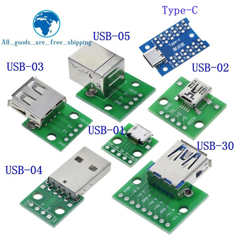 5PCS USB Male Connector / MINI MICRO USB to DIP Adapter female connector 2.54 Connector B Type-C USB2.0 3.0 Female PCB Converter ► Photo 1/6