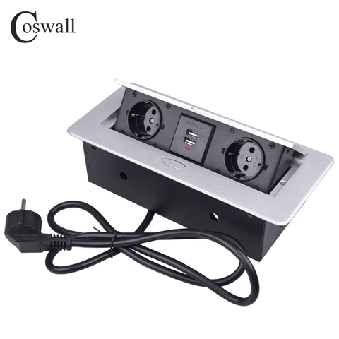 COSWALL Zinc Alloy Plate Slow POP UP 2 EU Socket Dual USB Charge Port 2.1A Office Table Outlet With 1.3M Extension Plug ► Photo 1/6