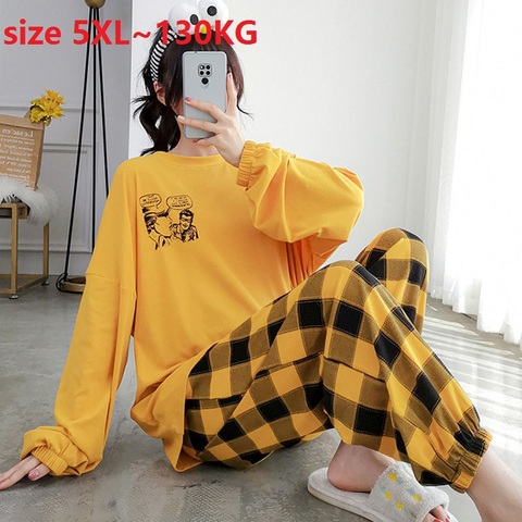 SIZE 5XL bust 138cm Cotton Pajamas Sets Autumn Winter Long Sleeve and pants sleepwear home Pijamas oversize Suit Homewear ► Photo 1/6