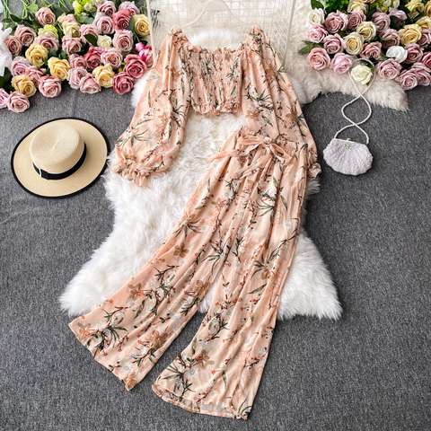 Boho Two Piece Set Women Print Off Shoulder Crop Top And High Waist Wide Leg Woman Pants Autumn 2 Piece Sets Fashion Lounge Wear ► Photo 1/6