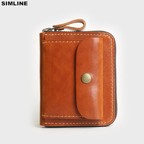 SIMLINE Genuine Leather Wallet For Men Male Vintage Handmade Short Zipper Wallets Purse Card Holder With Coin Pocket Money Bag ► Photo 1/6