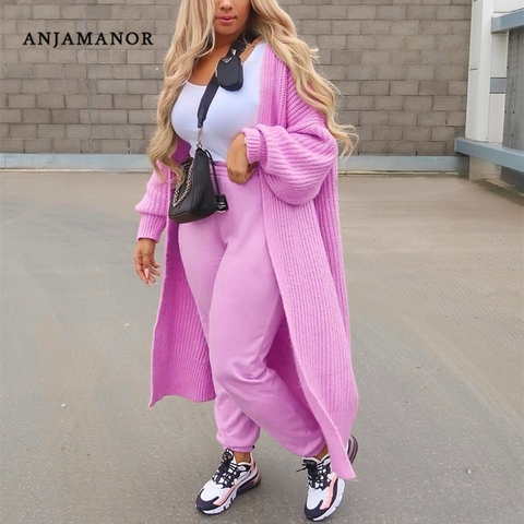 ANJAMANOR Solid Knitted Oversized Long Cardigan Sweaters for Women Fashion Casual Coat Pink White Outwear Dropshipping D48-FA56 ► Photo 1/6