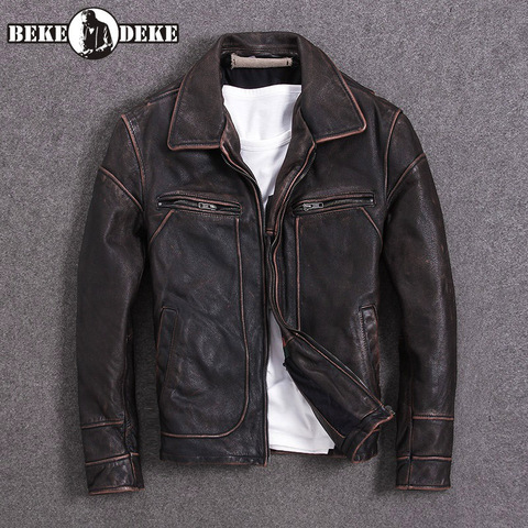 2022 Vintage Red Brown Men American Casual Style Leather Jacket Plus Size 5XL Genuine Cowhide Autumn Leather Coat Biker Jackets ► Photo 1/5