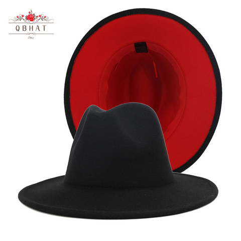 QBHAT Mens Women Black Red Patchwork Wool Felt Floppy Jazz Fedora Hats Fashion Party Formal Hat Wide Brim Panama Trilby Cap ► Photo 1/6