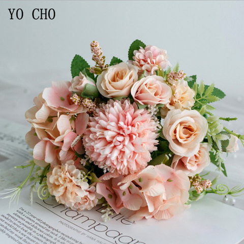 YO CHO Wedding Bouquet Artificial Silk Rose Peony Flower Bride Bouquet Pink Hydrangea Pompom Bud Vanilla Spike Wedding Supplies ► Photo 1/6