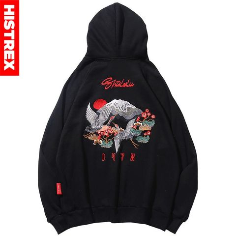 Men Hip Hop Streetwear Hoodie Harajuku Embroidery Crane Kanji Hoodie Sweatshirt 2022 Autumn Pullover Hoodies Japan Style Casual ► Photo 1/6