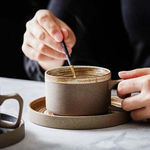 Retro Pottery Coffee Cup Set Creative Handmade Ceramic  Cups With Dish Milk Water Mug Breakfast Mugs Home Tableware Wholesale ► Photo 1/5